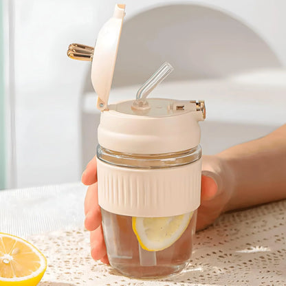 Cute Rabbit Style Glass Coffee Mug with Lid & Straw – 350ML