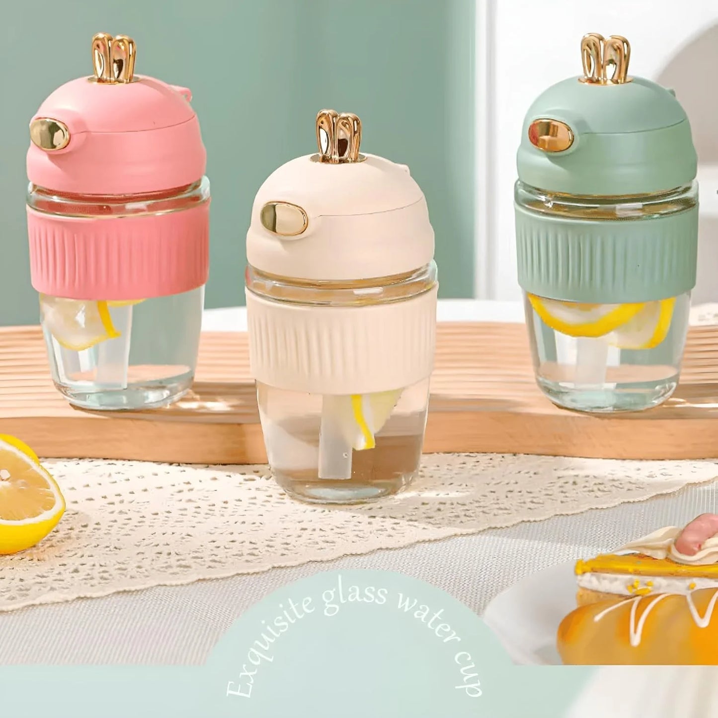 Cute Rabbit Style Glass Coffee Mug with Lid & Straw – 350ML