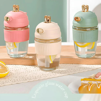 Cute Rabbit Style Glass Coffee Mug with Lid & Straw – 350ML