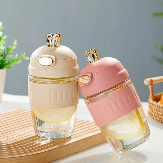 Cute Rabbit Style Glass Coffee Mug with Lid & Straw – 350ML