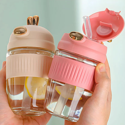 Cute Rabbit Style Glass Coffee Mug with Lid & Straw – 350ML