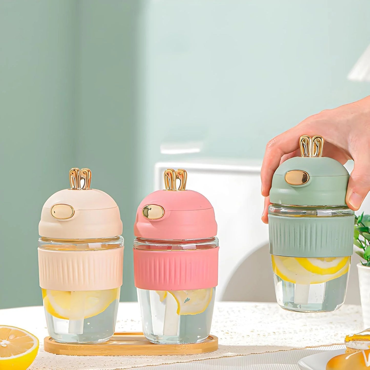 Cute Rabbit Style Glass Coffee Mug with Lid & Straw – 350ML