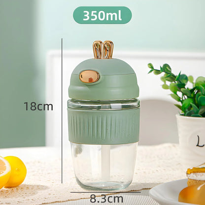 Cute Rabbit Style Glass Coffee Mug with Lid & Straw – 350ML