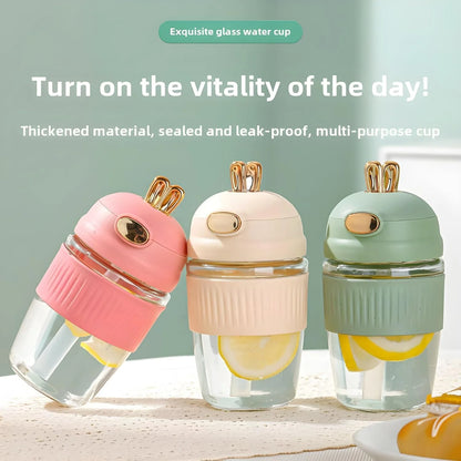 Cute Rabbit Style Glass Coffee Mug with Lid & Straw – 350ML